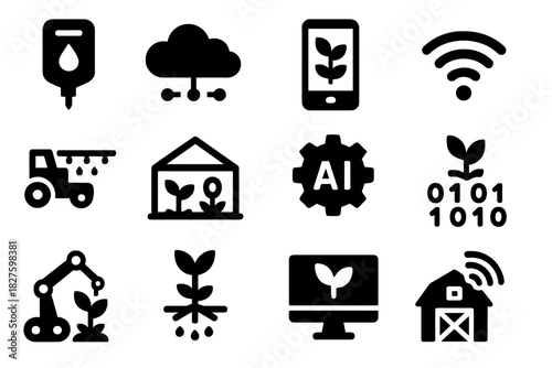 Smart Farming Icons. Solid style icons of smart farming technology: IoT sensor, cloud computing icon, mobile farming app, wireless