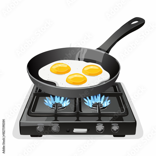 Frying eggs on a gas stove with a white pan.