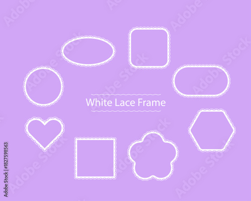 白レースの飾り枠・フレームアイコンセット（様々な形）  シンプルでエレガントなスカラップ枠のベクター素材
