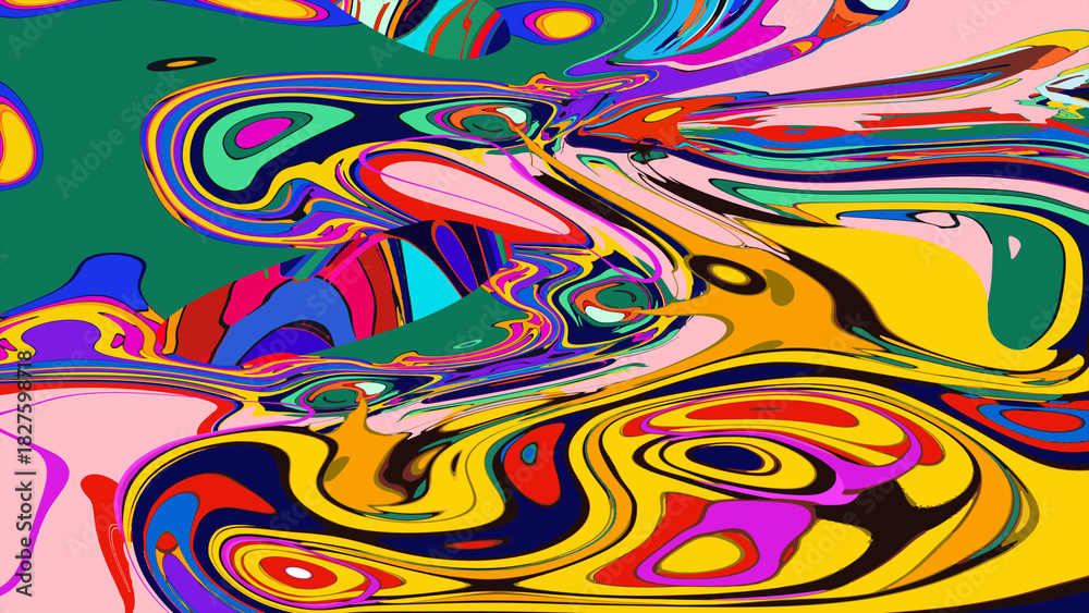 Fototapeta Funky liquid shapes seamless pattern - abstract colorful blobs, drops and splashes forms in psychedelic 60s style on groovy background. Wavy trippy colour curves, fluid retro design texture.