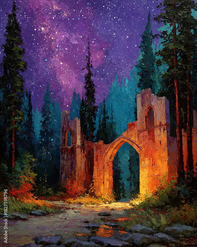 Enchanted forest path leading to ancient, glowing ruins under a breathtaking cosmic sky, where forgotten history meets celestial wonder in a vibrant, fantastical landscape painting