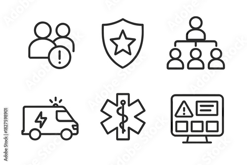 Crisis Response Icons. Line style icons of crisis response team: team activation icon, emergency leadership badge, specialist role