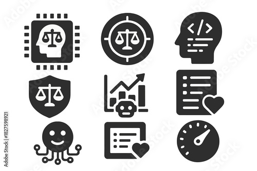 Synthetic Morality Icons. Solid style icons of synthetic morality engines: ethical machine glyph, shifting compass ring, code