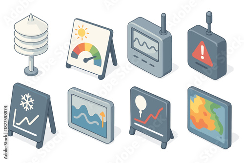 Meteorology Tools Illustration. Isometric vector illustration set of Meteorology tools: sensor cooling shield, UV protection chart