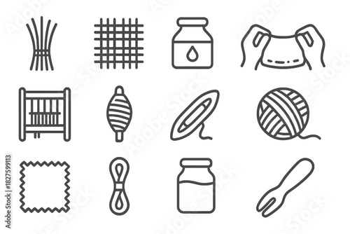 Textile Craft Icons. Line style icons of Textile Tradition: Reed, Woven Pattern, Dye, Craft Technique; Loom Frame, Spindle,