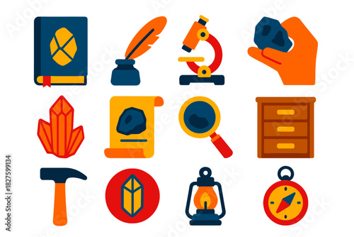 Historic Mineral Icons. Flat vector icons of Historic Mineral Study: geology book, ink quill, early microscope, hand specimen,
