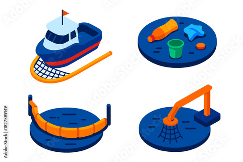 Ocean Cleanup Technology. Isometric vector illustration set Ocean Cleanup Technology: Interceptor vessel with net, floating