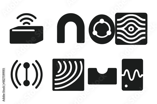 Acoustic Resonance Icons. Solid style icons of acoustic resonance devices: resonating box icon, echo chamber badge, vibration node