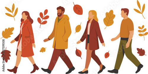 Group of young people walking in autumn park wearing warm coats and scarves surrounded by falling leaves pixel art vector illustration for lifestyle design