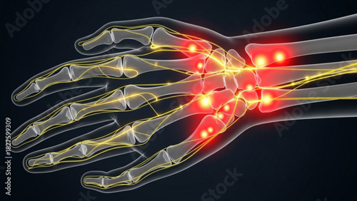 Illustration of human hand anatomy showing bones nerves and areas of inflammation or pain in the wrist