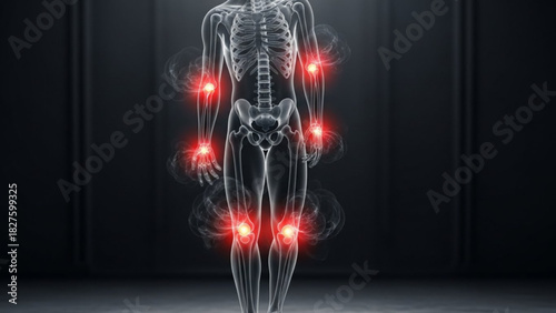 Human skeleton with joint pain highlighted in red against a dark background in a medical illustration