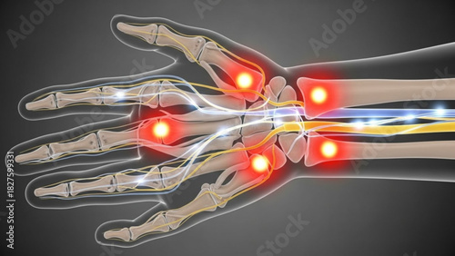 Illustration of a hand with bones nerves and highlighted joints indicating pain or inflammation shown