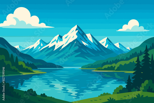Serene Mountain Lake. Scenic lake surrounded by snow-capped mountains under a clear vector illustration blue sky, vibrant and