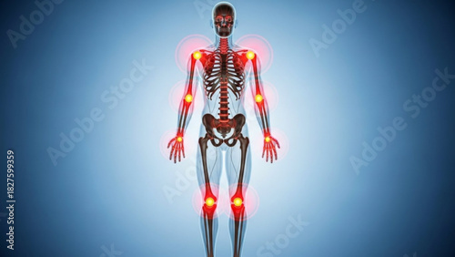Human skeletal system with highlighted joints indicating pain or inflammation on a blue gradient background