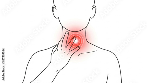 Person touching their throat with red radiating pain indicating a sore throat or other throat issue symptom