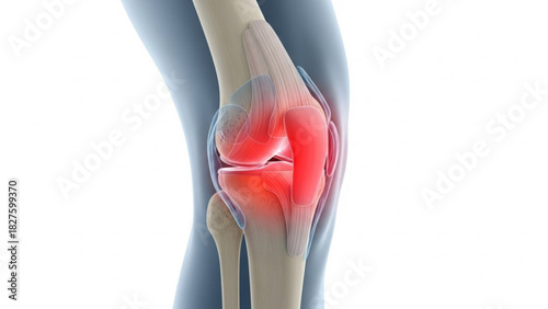 Illustration of a human knee joint with red highlights indicating pain or inflammation for medical use