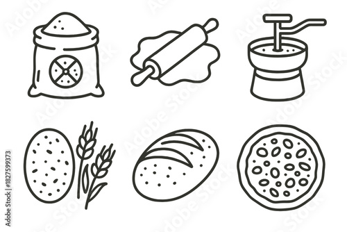 Baking Icons in Line Style. Line style icons of flour and baking: stone-milled flour bag, rolling pin with dough, grain grinder