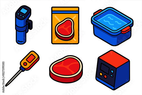 Sous-Vide Cooking Elements. Isometric vector illustration set Sous-Vide Cooking: immersion circulator, vacuum-sealed bag, water