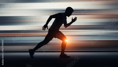Silhouette of a man sprinting with motion blur background and light effect on his knee area for emphasis