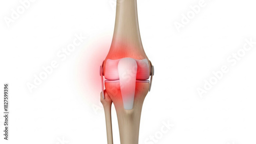 Illustration of a knee joint with red highlights indicating pain or inflammation on a white background