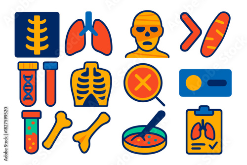 Tuberculosis Detection Icons. Flat vector icons of identifying tuberculosis in mummies: spine X-ray, lung icon, mummy tissue,