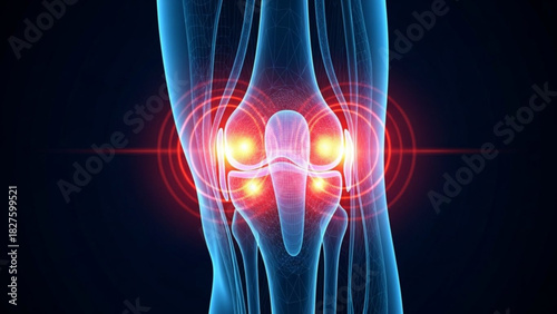 Anatomical knee joint xray view with pain indicators highlighting the area of discomfort and inflammation