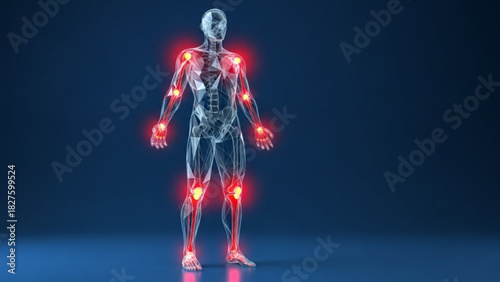 Anatomical illustration of a human body with joint pain highlighted in red on a blue background