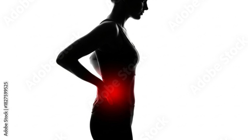 Silhouette of a woman with back pain highlighted in red against a white background in a profile view