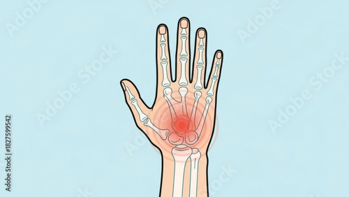 Illustration of a human hand skeleton with a red spot indicating pain or inflammation near the wrist