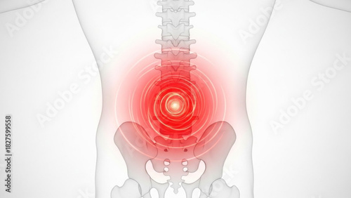 Human body with spinal column and pelvis highlighted with red radiating pain indicator circles shown