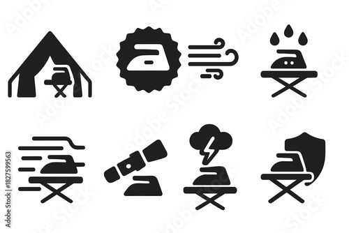 Extreme Ironing Icons. Solid style icons of remote ironing conditions: press tent icon, snowstorm ironing badge, wind-exposed