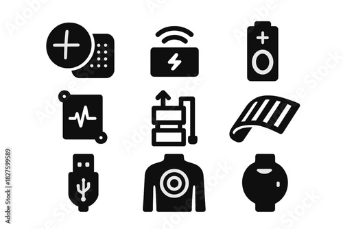 Power Source Icons. Solid style icons of power sources for bio-projects: coin cell battery + patch, wireless charging glyph,