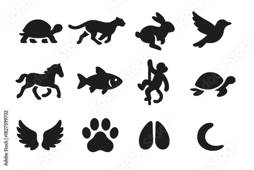Animal Movement Icons. Solid style icons of animal locomotion types: walking, running, jumping, flying, galloping, swimming,
