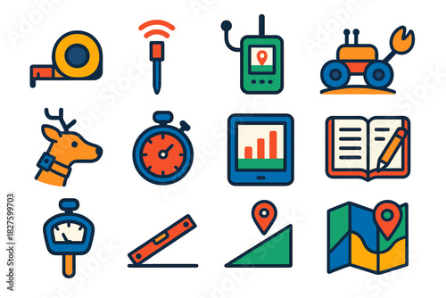 Fieldwork Testing Icons. Flat vector icons of fieldwork and testing in terradynamics: measurement tape, sensor, GPS device, robot