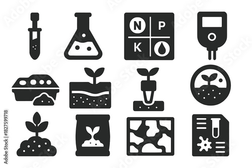 Soil Analysis Icons. Solid style icons of soil analysis: soil core sample, chemistry flask, nutrient chart, soil pH meter, testing