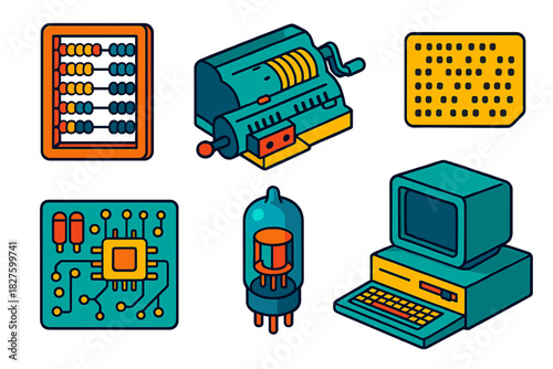 History of Computing Icons. Isometric vector illustration set History of Computing: ancient abacus, mechanical calculator, punched