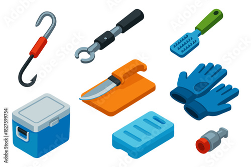 Fishing Gear Essentials. Isometric vector illustration set Fishing equipment – gaff hook, lip gripper, fish scaler; fillet knife,