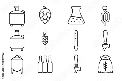 Microbrewery Equipment Icons. Line style icons of Microbrewery Equipment: Mash Tun, Hops, Yeast Culture, Fermentation Lock;