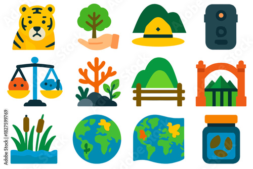 Conservation Icons Set. Flat vector icons of Conservation Biology: endangered species, reforestation tree, genetic diversity,