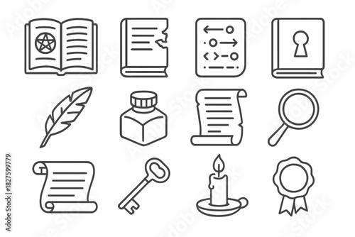 Esoteric Archives Icons. Line style icons of Esoteric Archives: Manuscript, Missing Leaves, Coded Text, Concealed Wisdom; Quill,