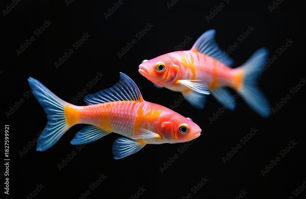 Obraz premium Two pink zebra danio glofish swim on dark background. Fish have orange stripes, translucent fins. These freshwater animals are popular pets for home aquariums collection.