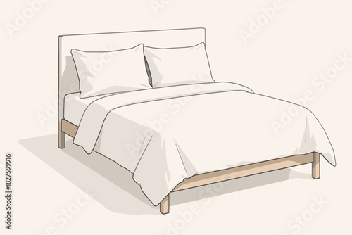 Minimalist White Bedding. Minimalist white bedding set arranged vector illustration on a clean modern bedframe, sharp textures and