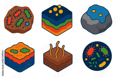 Geomicrobiology Icons. Isometric vector illustration set Geomicrobiology: microbes on rock surfaces, mineral precipitation,
