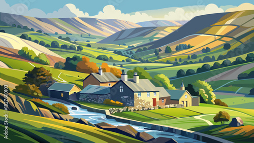 Very beautiful semi-realistic vector landscape of Swaledale in the Yorkshire Dales, featuring rolling green valleys, winding dry-stone walls, scattered farmsteads, and soft natural lighting over a pea