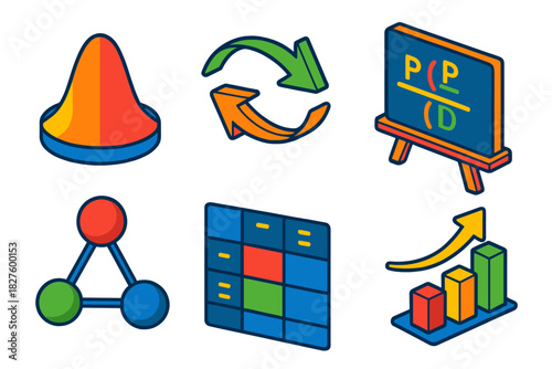 Bayesian Inference Icons. Isometric vector illustration set Bayesian Inference: prior probability icon, posterior update arrows,