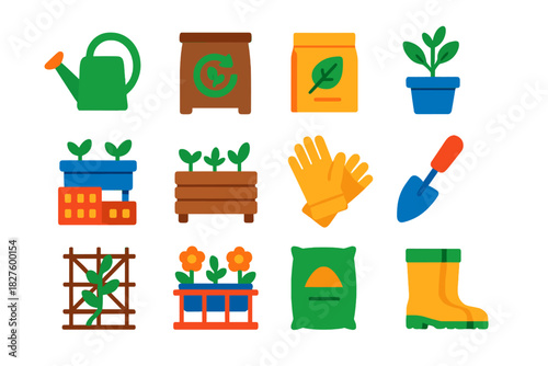 Urban Gardening Icons. Flat vector icons of Urban Gardening: watering can, compost bin, seed packet, potted herb, rooftop planter,