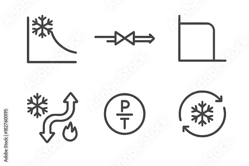 Cryogenic Thermodynamics Icons. Line style icons of cryogenic thermodynamics: entropy cooling chart, Joule-Thomson valve icon,