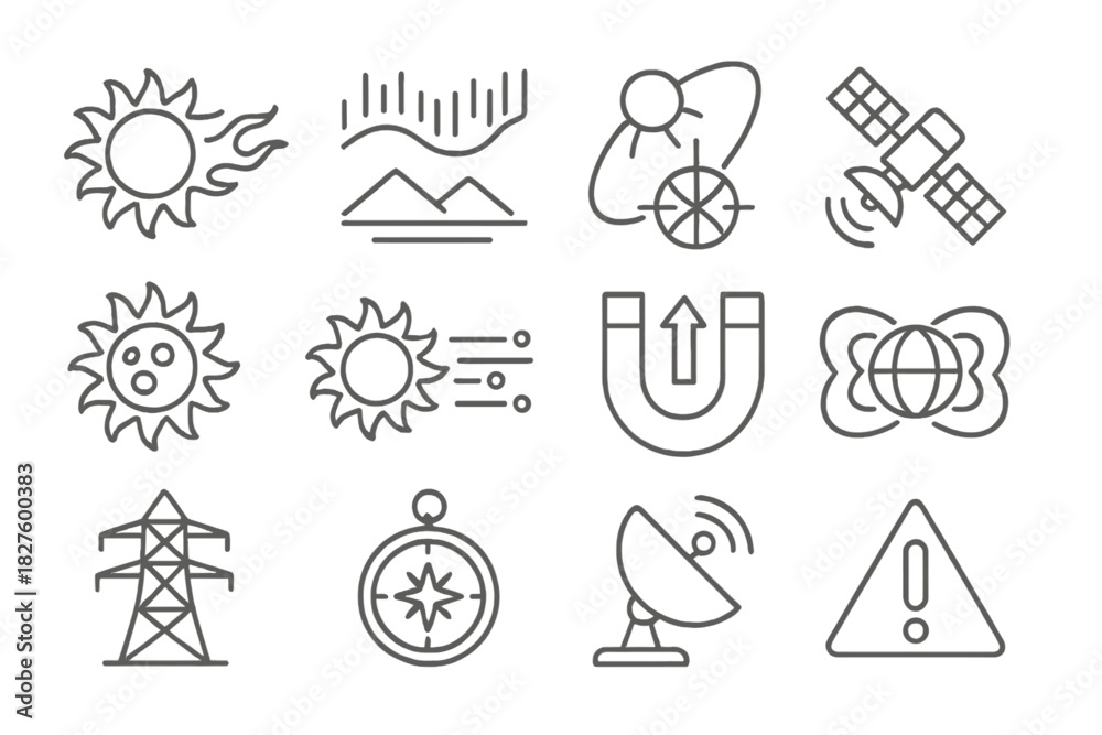 Fototapeta premium Space Weather Icons. Line style icons of Space Weather: Solar Flare, Aurora, Geomagnetic Storm, Satellite Disruption; Sunspot,