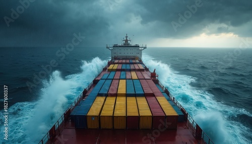 Container ship sails in rough sea. Vessel transports cargo on ocean waves. Stormy weather, logistics. Global trade faces challenges during transportation. Blue sea shipping industry, freight under