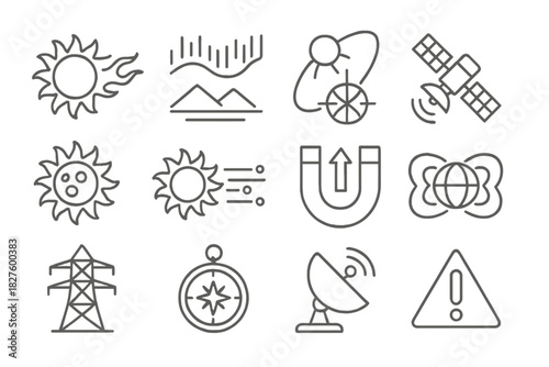 Space Weather Icons. Line style icons of Space Weather: Solar Flare, Aurora, Geomagnetic Storm, Satellite Disruption; Sunspot,